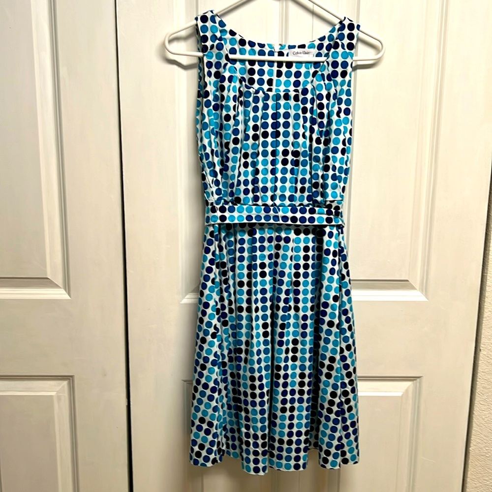 Calvin Klein White Multi Color Polka Dot Print Sleeveless Pleated Dress Size P